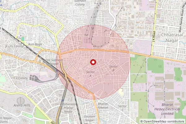 Map showing approximate area covered by Pincode 462045 — Bangrasia S.O, Bhopal