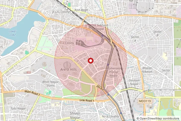 Map showing approximate area covered by Pincode 462057 — Nodal Delivery Centre Arera Hills Bhopal, Na