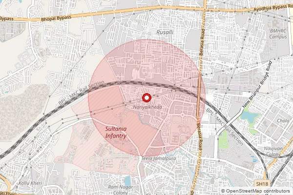 Map showing approximate area covered by Pincode 462100 — Nariyalkheda S.O, Bhopal