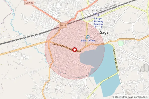 Map showing approximate area covered by Pincode 470002 — Sagar Bada Bazar S.O, Sagar