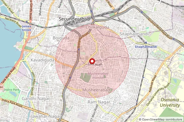 Map showing approximate area covered by Pincode 500020 — Golconda Chowrastha S.O, Hyderabad