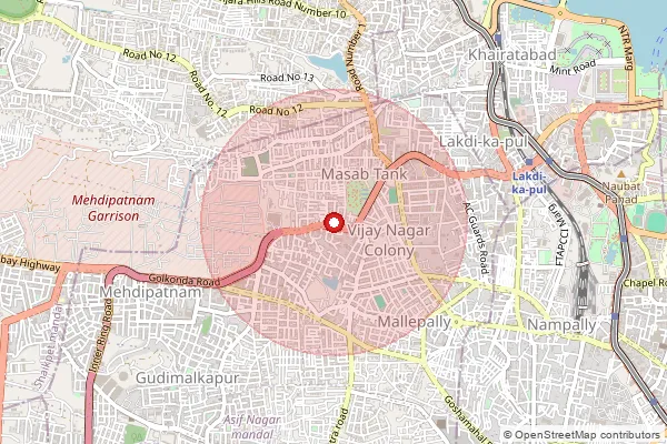 Map showing approximate area covered by Pincode 500028 — Humayunnagar S.O, Hyderabad