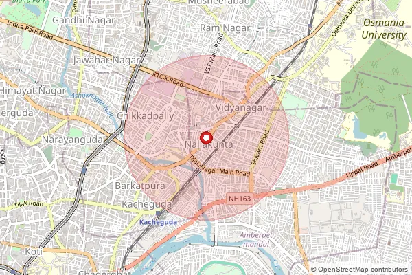 Map showing approximate area covered by Pincode 500044 — Vidyanagar S.O, Hyderabad