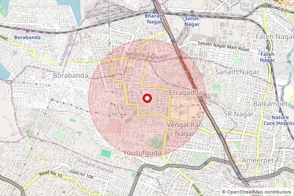 Map showing approximate area covered by Pincode 500045 — Yousufguda S.O, Hyderabad