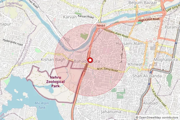 Map showing approximate area covered by Pincode 500064 — Bahadurpura S.O, Hyderabad