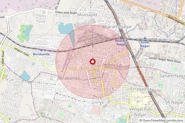 Map showing approximate area covered by Pincode 500114 — Motinagar So, Medchal Malkajgiri