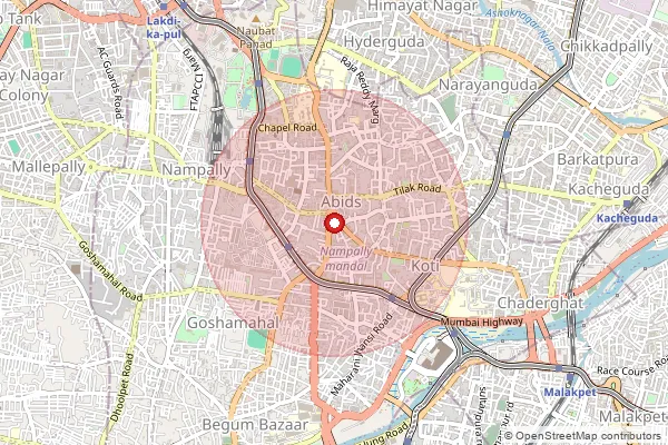 Map showing approximate area covered by Pincode 500901 — Ndc Hyderabad Gpo, Na