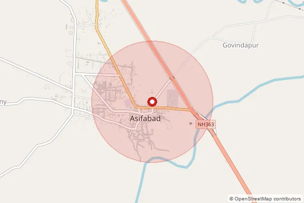 Map showing approximate area covered by Pincode 504293 — Ada B.O, Kumuram Bheem Asifabad