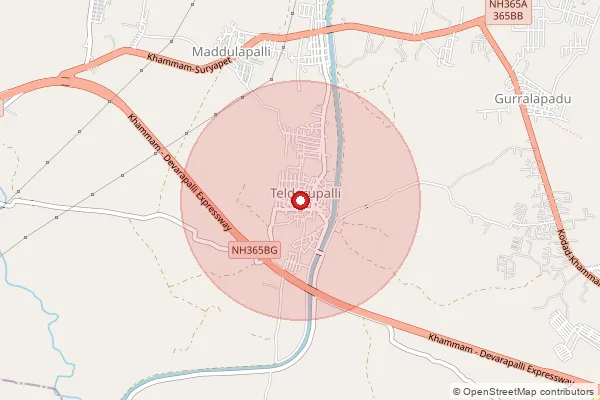 Map showing approximate area covered by Pincode 507170 — Jeelacheruvu B.O, Khammam