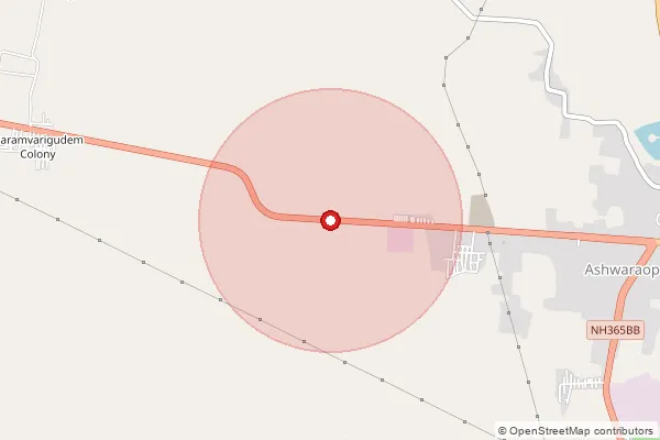 Map showing approximate area covered by Pincode 507301 — Gummadivalli B.O, Bhadradri Kothagudem
