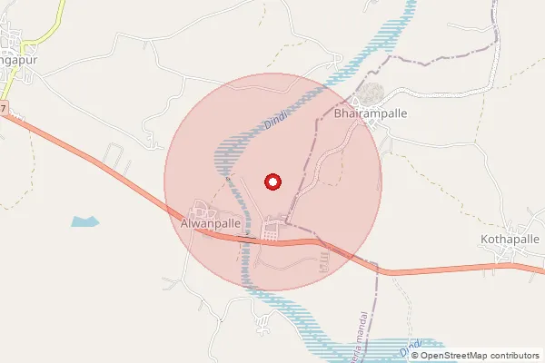 Map showing approximate area covered by Pincode 508258 — Mududandla B.O, Nalgonda