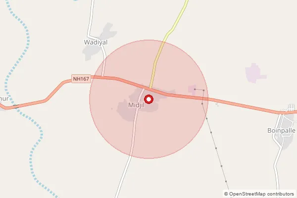 Map showing approximate area covered by Pincode 509357 — Midjil S.O, Mahabubnagar