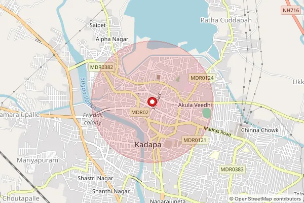 Map showing approximate area covered by Pincode 516001 — Cuddapah H.O, Y.S.R.