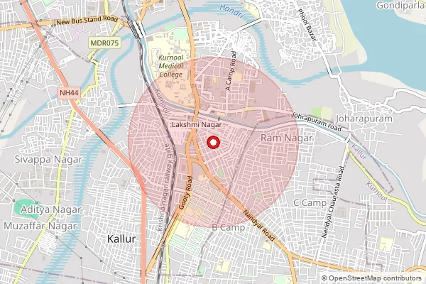 Map showing approximate area covered by Pincode 518002 — Knl Camp B S.O, Kurnool