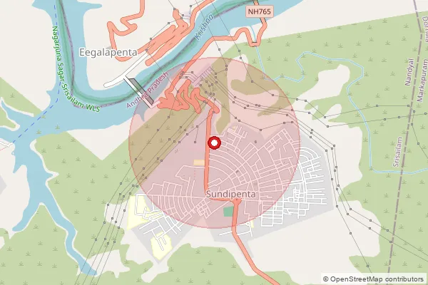 Map showing approximate area covered by Pincode 518102 — S.S.Dam East S.O, Nandyal