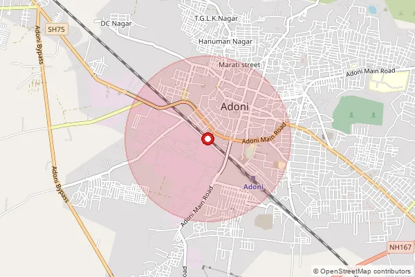 Map showing approximate area covered by Pincode 518301 — Adoni H.O, Kurnool