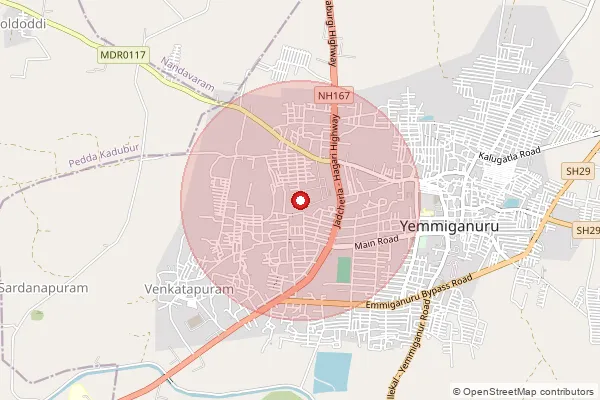 Map showing approximate area covered by Pincode 518360 — Yemmiganur S.O, Kurnool