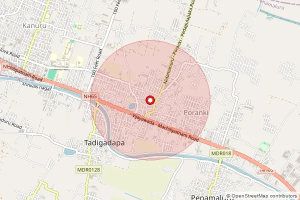 Map showing approximate area covered by Pincode 521137 — Poranki S.O, Krishna