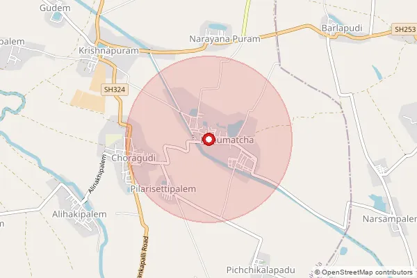 Map showing approximate area covered by Pincode 521250 — Aminapuram B.O, Krishna