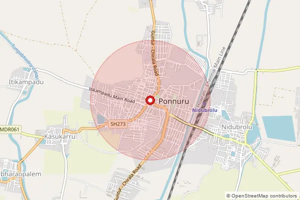 Map showing approximate area covered by Pincode 522124 — Nidubrole S.O, Guntur