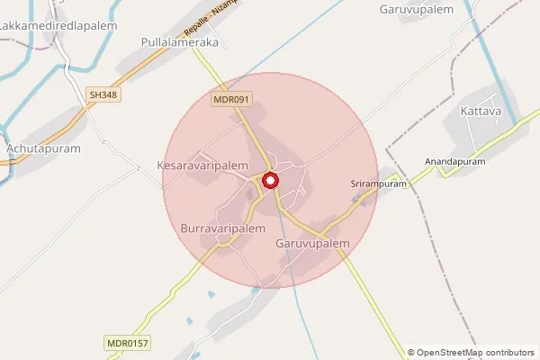 Map showing approximate area covered by Pincode 522262 — Kuchinapudi S.O, Bapatla