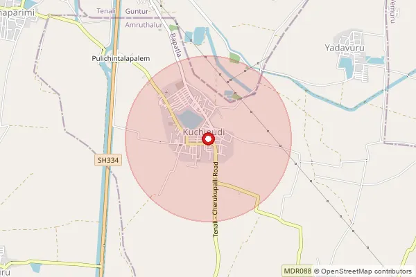 Map showing approximate area covered by Pincode 522313 — Kuchipudi S.O, Bapatla