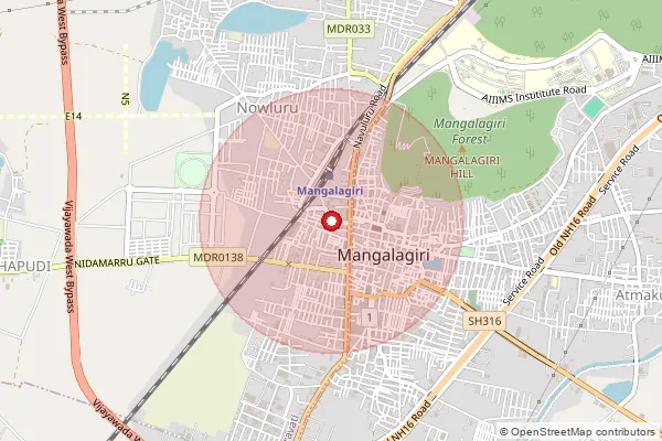 Map showing approximate area covered by Pincode 522503 — Mangalagiri H.O, Guntur