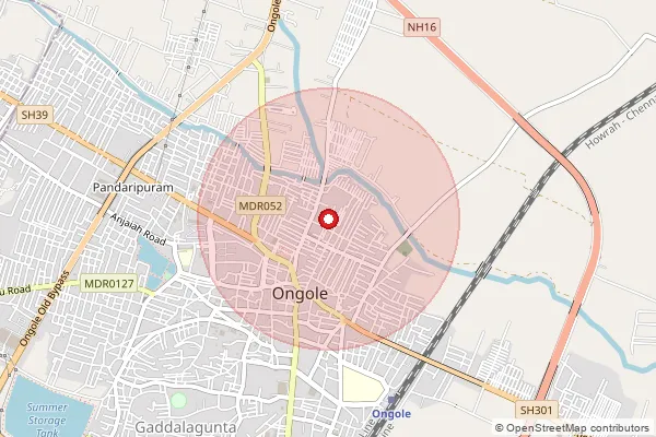 Map showing approximate area covered by Pincode 523001 — Ongole H.O, Prakasam