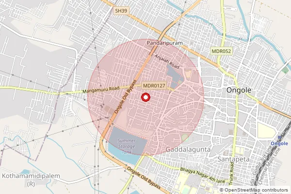 Map showing approximate area covered by Pincode 523002 — Kurnool Road (O) S.O, Prakasam