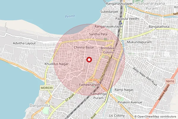 Map showing approximate area covered by Pincode 524001 — Nellore H.O, Spsr Nellore