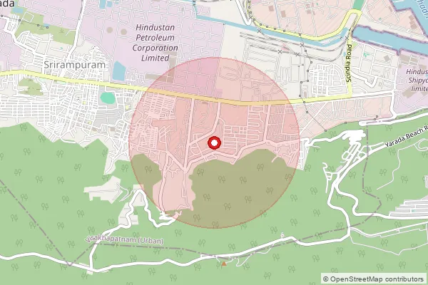 Map showing approximate area covered by Pincode 530005 — Yarada B.O, Visakhapatanam