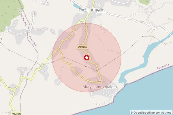 Map showing approximate area covered by Pincode 531020 — Nunaparthi B.O, Visakhapatanam