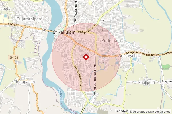 Map showing approximate area covered by Pincode 532186 — Kalaparthi B.O, Srikakulam