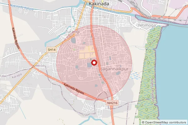 Map showing approximate area covered by Pincode 533002 — Jagannaickpur S.O, Kakinada