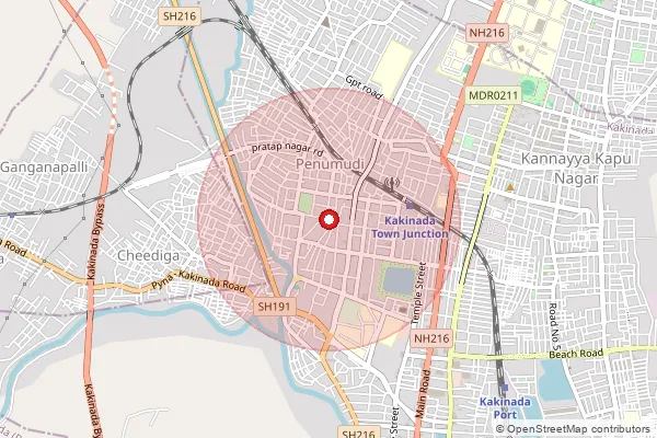 Map showing approximate area covered by Pincode 533004 — Gandhinagar(Kkd) S.O, Kakinada