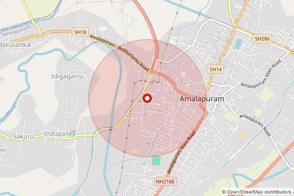 Map showing approximate area covered by Pincode 533201 — Amalapuram H.O, Konaseema