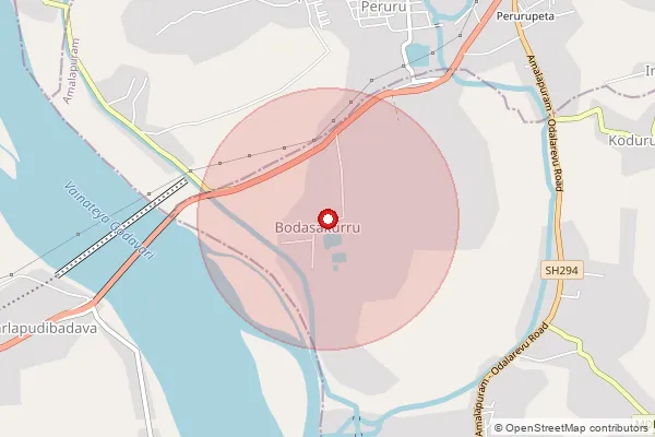 Map showing approximate area covered by Pincode 533215 — Bodasakurru S.O, Konaseema