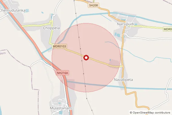 Map showing approximate area covered by Pincode 533232 — Sandhipudi B.O, Konaseema