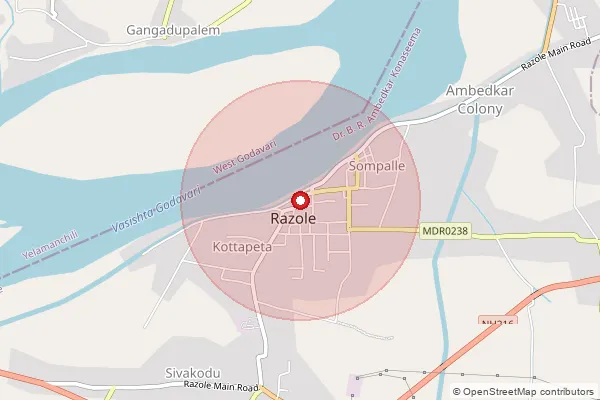 Map showing approximate area covered by Pincode 533242 — Razole H.O, Konaseema
