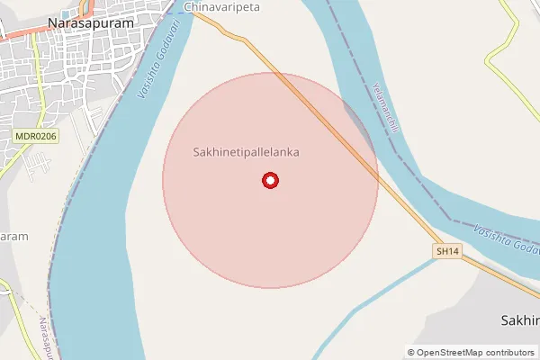 Map showing approximate area covered by Pincode 533251 — Sakhinetipalli S.O, Konaseema