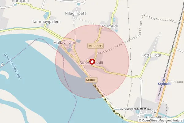 Map showing approximate area covered by Pincode 533306 — Kota B.O, Konaseema