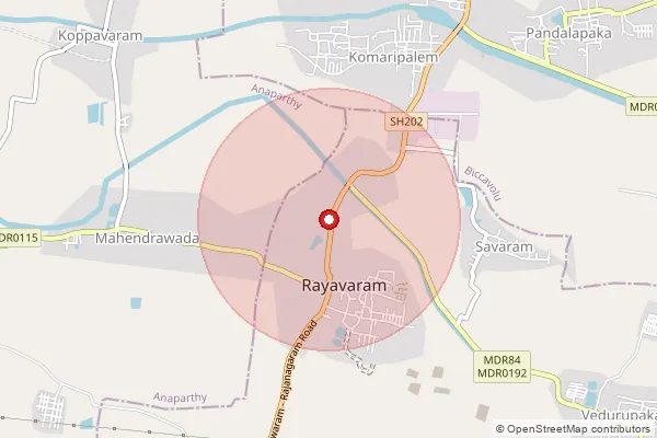 Map showing approximate area covered by Pincode 533346 — Komaripalem B.O, East Godavari