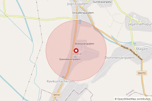 Map showing approximate area covered by Pincode 533577 — Vilasa S.O, Konaseema