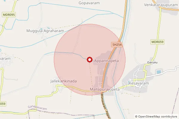 Map showing approximate area covered by Pincode 534186 — Garagaparru B.O, West Godavari