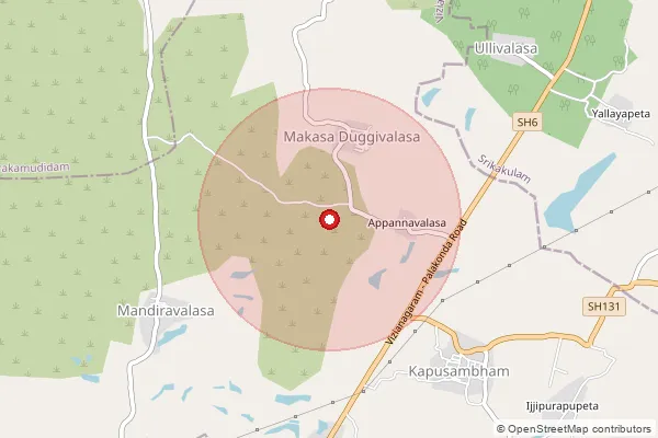 Map showing approximate area covered by Pincode 535128 — Kapusambham, Vizianagaram