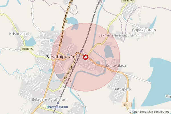 Map showing approximate area covered by Pincode 535502 — Parvatipuram Bus Stand S.O, Parvathipuram Manyam