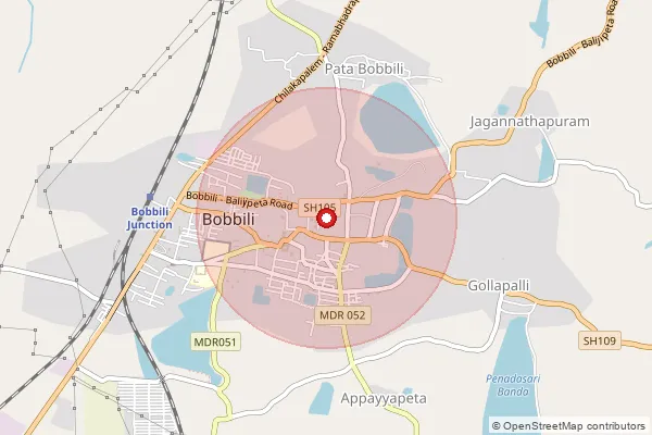 Map showing approximate area covered by Pincode 535573 — Bobbili Bazar S.O, Vizianagaram