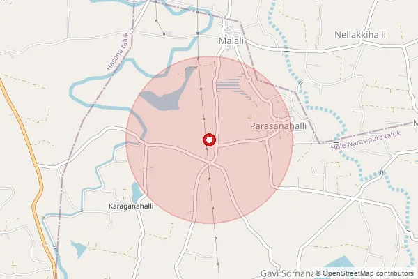 Map showing approximate area covered by Pincode 573220 — Hongere B.O, Hassan