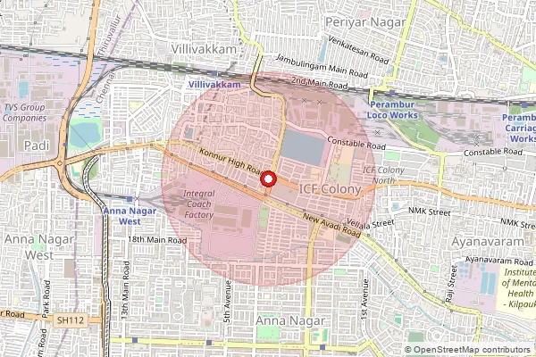 Map showing approximate area covered by Pincode 600038 — Icf Colony S.O, Chennai