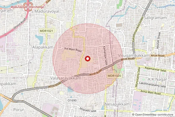 Map showing approximate area covered by Pincode 600087 — Alwarthirunagar S.O, Chennai